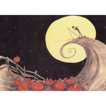 Book illustration panel with a gray-haired figure, round yellow moon, and glowing pumpkins