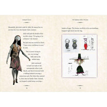 Open hardcover pages with a doll character in profile and a multi-part diagram illustration