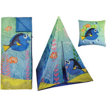 Kids' Dory play tent, sleeping bag and pillow set with colorful ocean fish graphics