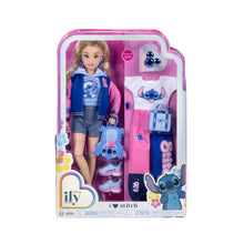 Disney Ily Stitch deluxe fashion doll in a clear box with pink and blue outfits.