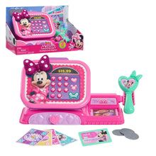 Pink Minnie Mouse pretend cash register toy with keypad, card slot and scanner.