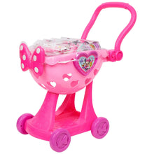 Pink plastic shopping cart toy with Minnie-style heart front panel and handle