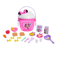 Pink lidded Minnie Mouse bucket with heart front graphic, plus pretend foods and utensils
