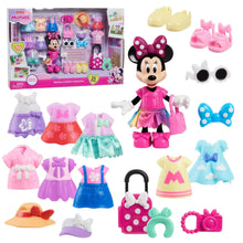 Minnie Mouse fashion doll with colorful clothing and shoes, boxed accessory set