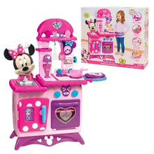 Kids pink pretend play kitchen set with Minnie Mouse head and flip open cooking doors