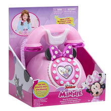 Pink Minnie-style rotary phone toy in retail box with heart light and bow