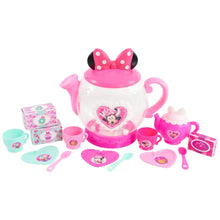 Play tea set teapot with Minnie Mouse heart, plus cups, plates, and spoon pieces