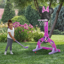 Pink Minnie Mouse sports center with basketball hoop and side posts