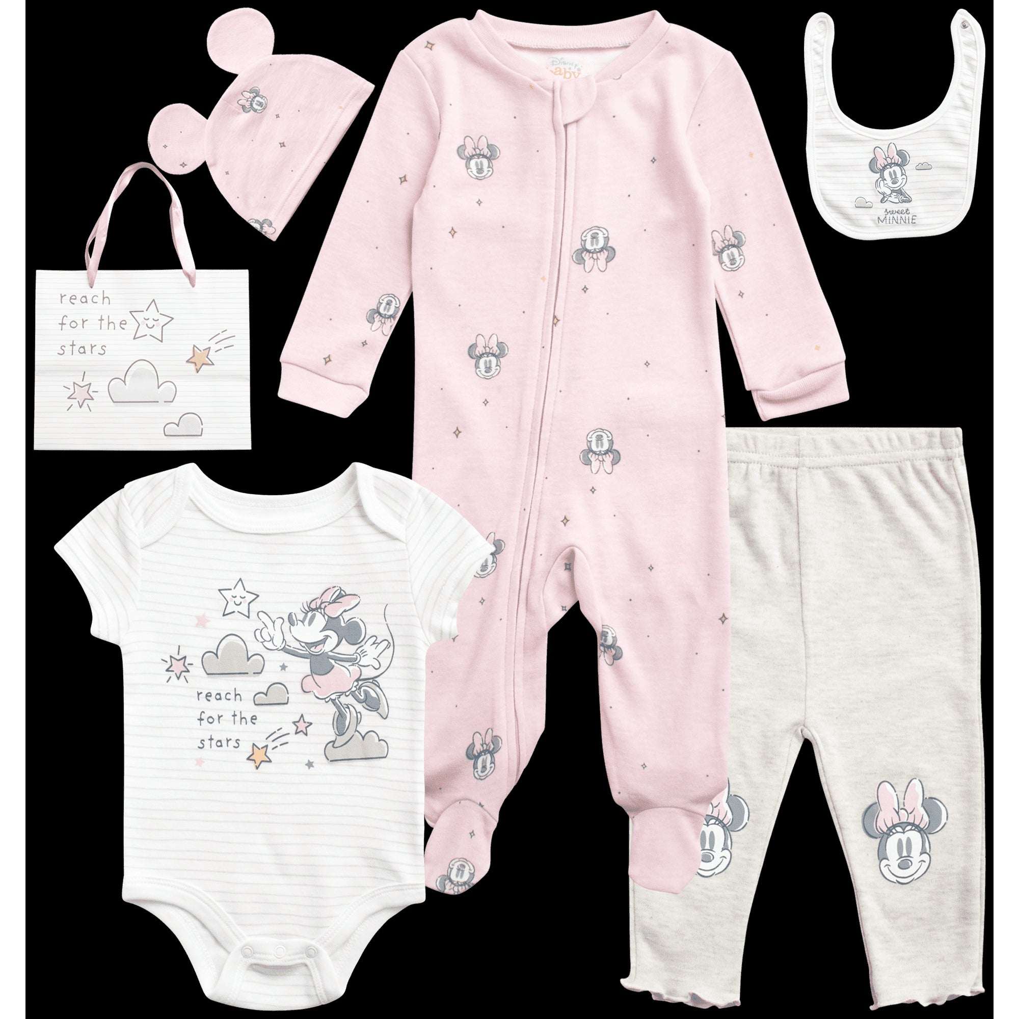 Disney Newborn Baby Layette Set - 6 Piece Disney Bodysuit Coveralls Sweatpants, Hat, Gift Bag (0-6M)