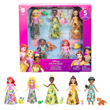 Princess doll set with five small figures in colorful sparkling gowns and friends