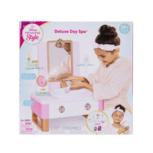 Kids deluxe day spa play set box showing child using sink and mirror