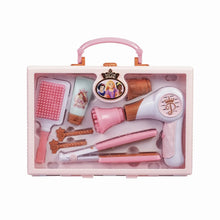Plastic hair styling tools tote, open with pink hairdryer, brush, comb and clips