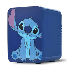 Blue mini thermoelectric cooler fridge with Stitch character graphic on the front