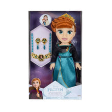 Frozen princess toddler doll with crown, teal dress, and blue child jewelry set