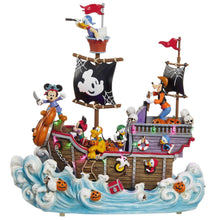 Animated pirate ship figurine with black Mickey sail, crew figures, and jack-o-lanterns