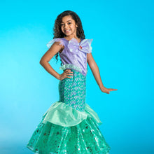 Kids mermaid gown costume with lilac top, green scale skirt, and mint ruffle overlay