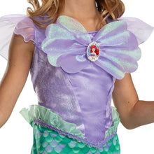 Lilac satin bodice with large iridescent bow and Ariel-style cameo at center