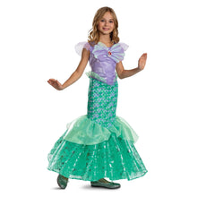 Kids mermaid gown costume with lilac bodice, iridescent bow, and green scale skirt