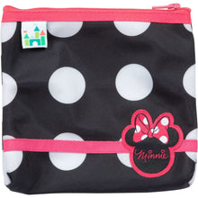 Black polka-dot Minnie zip pouch with pink zipper and ribbon trim