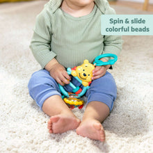 Busy bear activity toy with spinning bead ring and dangling colorful rattle details