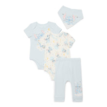 Light blue 4-piece newborn layette set: bodysuits, pants, and matching bib