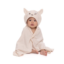Infant hooded bath towel with deer-ear hood, face graphic, and tied neck, beige