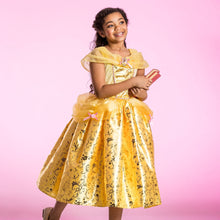 Children's golden Belle-style costume dress with bow at waist and layered tulle skirt