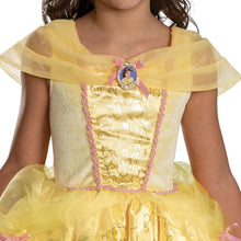 Children's golden bodice costume with ribbon trim, character emblem, and off-shoulder tulle