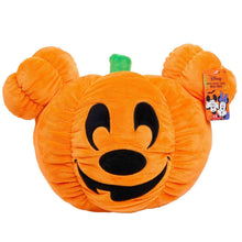 Orange Mickey pumpkin head plush with green stem, black smile face, hanging tag