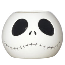 Halloween treat bowl with white face, black oval eyes, stitched smile