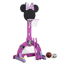 Pink Minnie Mouse sports center with adjustable basketball hoop and base