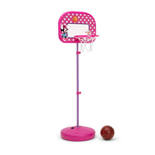 Pink Minnie Mouse basketball hoop with round base, net, and basketball