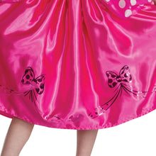 Shiny pink satin skirt with black bow-and-ribbon printed motifs