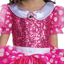Pink sequin bodice with white satin collar and Minnie emblem medallion