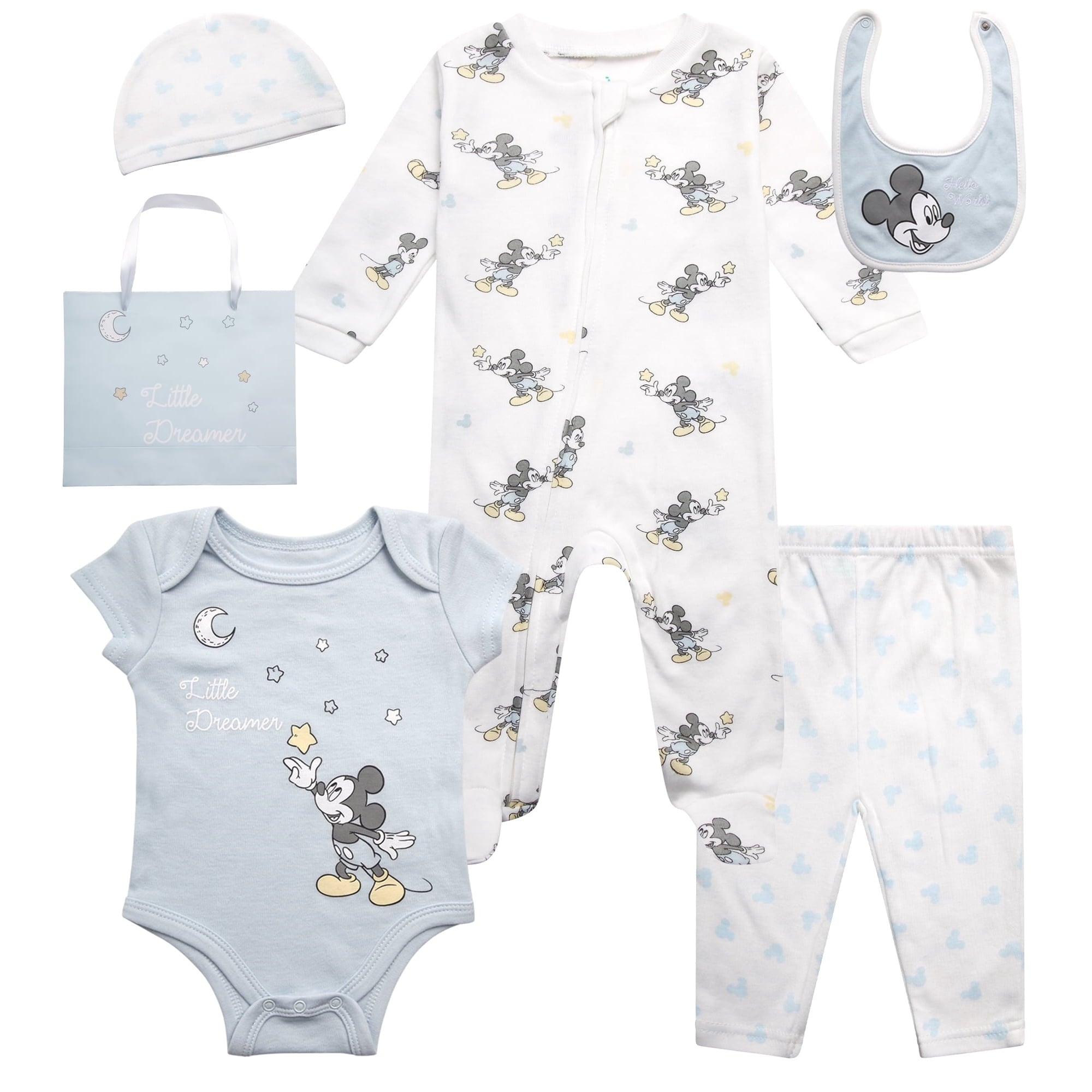 Disney Newborn Baby Layette Set - 6 Piece Disney Bodysuit Coveralls Sweatpants, Hat, Gift Bag (0-6M)