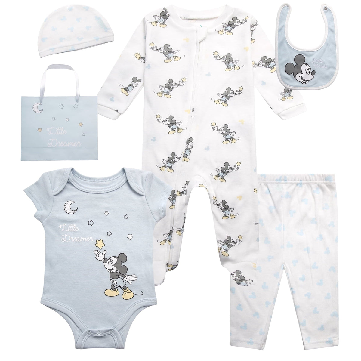Disney Newborn Baby Layette Set - 6 Piece Disney Bodysuit Coveralls Sweatpants, Hat, Gift Bag (0-6M)