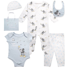 Disney Newborn Baby Layette Set - 6 Piece Disney Bodysuit Coveralls Sweatpants, Hat, Gift Bag (0-6M)