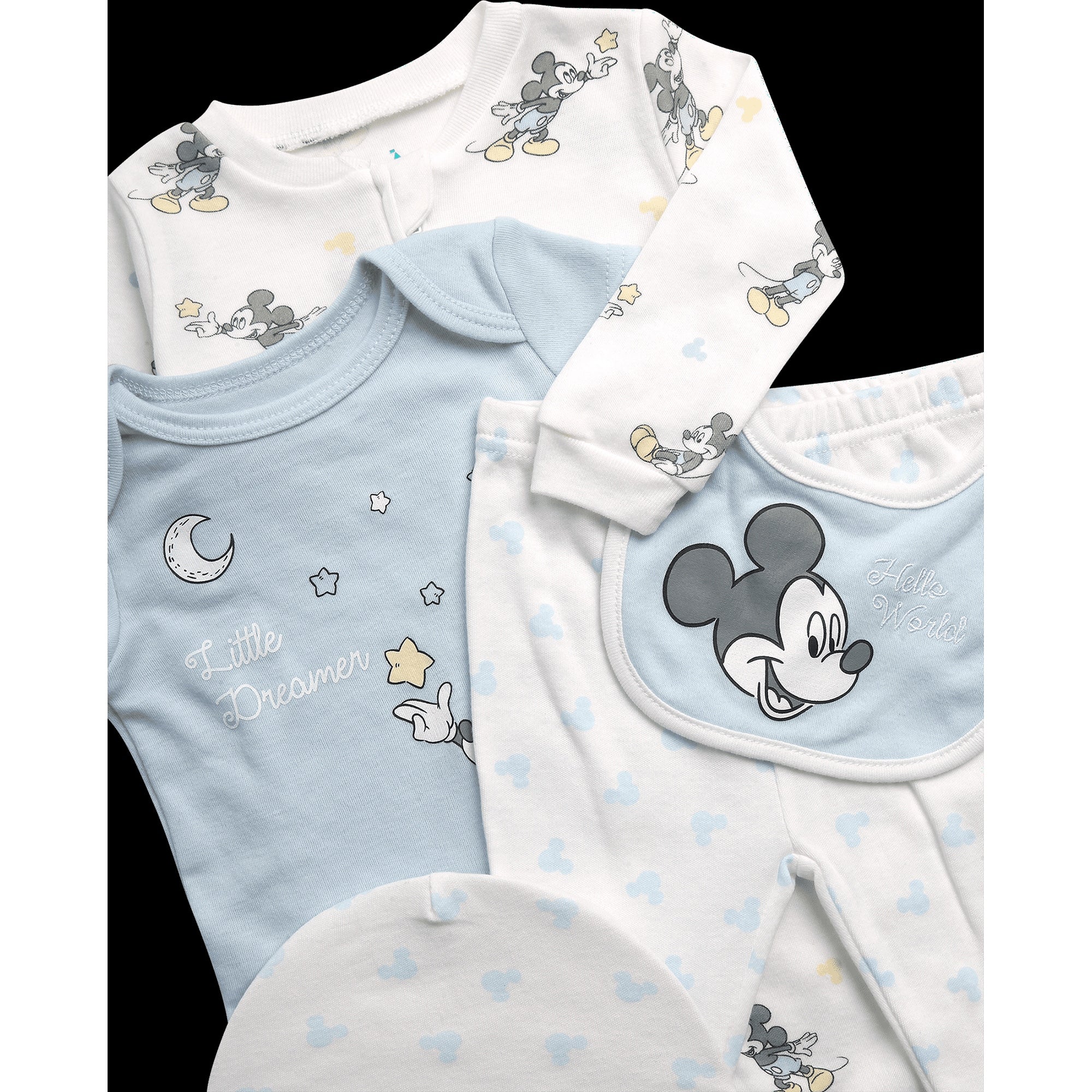 Disney Newborn Baby Layette Set - 6 Piece Disney Bodysuit Coveralls Sweatpants, Hat, Gift Bag (0-6M)