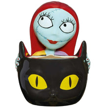 Sally treat bowl with pale blue doll face and black cat body with yellow eyes
