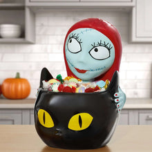 Sally treat bowl shaped like Sally with red hair and black cat face holding candy