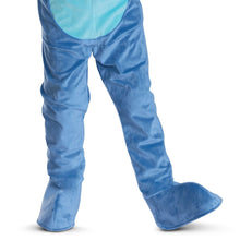 Blue alien costume pants with padded boot covers and stitched seams