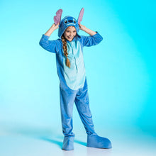 Full-body kids blue alien costume with hood, purple ears, and padded feet