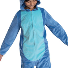 Blue alien jumpsuit with light-blue front panel and hood; child's upper body