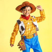 Children’s Woody-style deluxe costume with brown hat, yellow plaid shirt, blue pants, boots