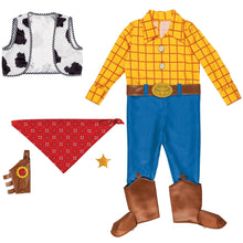 Children’s Woody-style costume pieces: yellow plaid shirt, blue pants, brown boots, hat