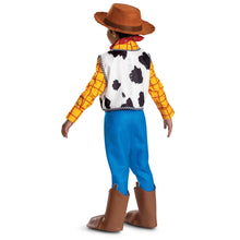 Woody-style children’s deluxe costume back view with brown hat, cow-print vest, blue pants