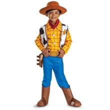 Woody-style children’s deluxe costume with hat, yellow plaid shirt, blue pants, brown boots