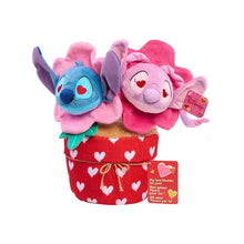 Disney Valentine potted plush, side view, blue Stitch and pink character in red heart pot