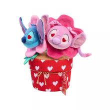 Disney Valentine potted plush with blue Stitch and pink character in red heart pot, ribbon