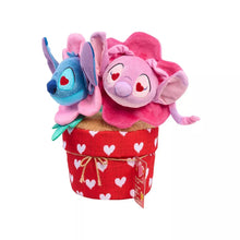 Plush flower pot with Stitch and pink character, red heart print, visible side tag